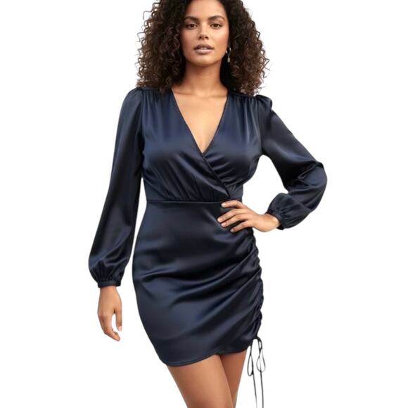 Ramy Brook NWT Foxy Blue Satin Ruched V-Neck Mini Dress Long Sleeve Size 2 - Picture 1 of 13